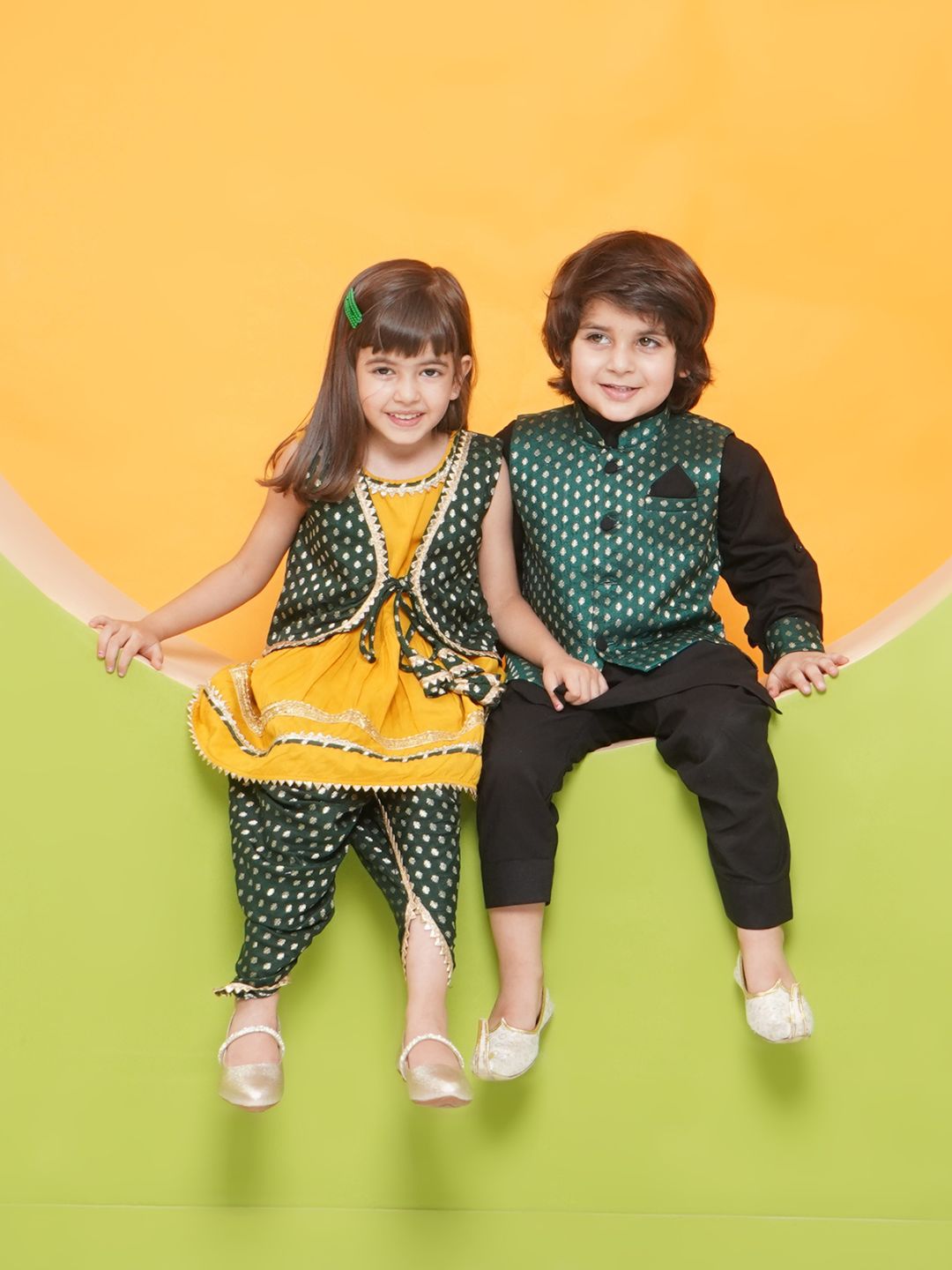 Boys Black Poly Chanderi Full sleeves Kurta Set for Boys and Yellow Sleeveless Girls Dhoti Style Suit Set - Sibling Set