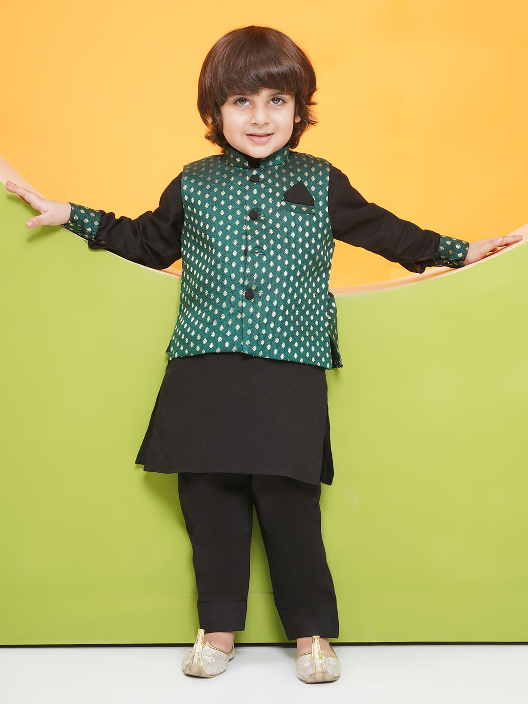 Boys Black Poly Chanderi Full sleeves Kurta Set for Boys and Yellow Sleeveless Girls Dhoti Style Suit Set - Sibling Set