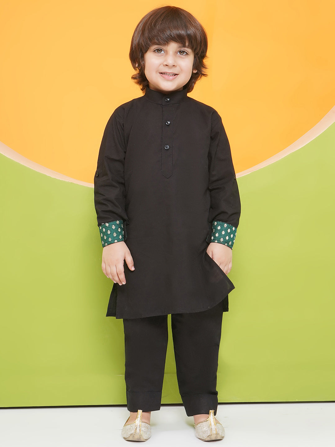 Boys Black Poly Chanderi Full sleeves Kurta Set for Boys and Yellow Sleeveless Girls Dhoti Style Suit Set - Sibling Set