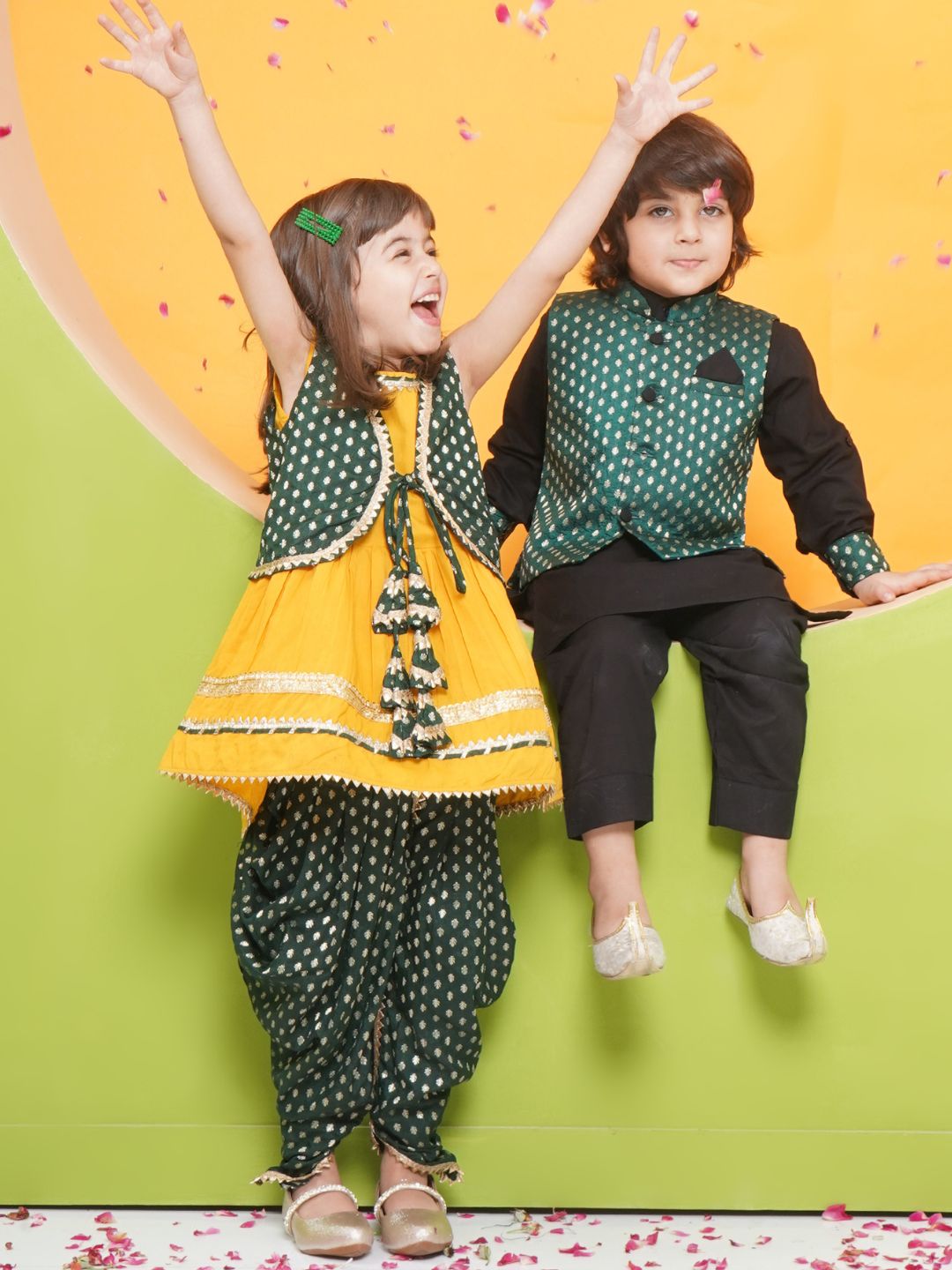Boys Black Poly Chanderi Full sleeves Kurta Set for Boys and Yellow Sleeveless Girls Dhoti Style Suit Set - Sibling Set