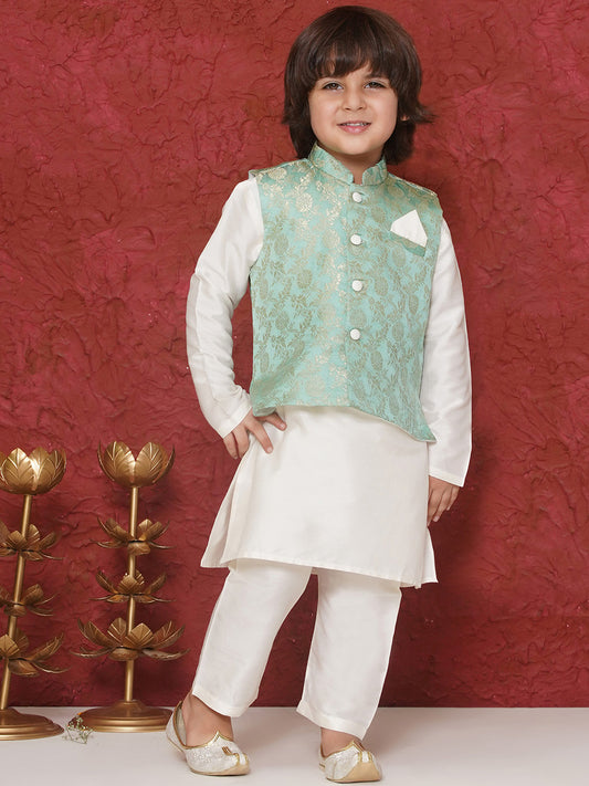 Aj Dezines Green Brocade Full Sleeves Jal Embroidery Kpw Set For Boys