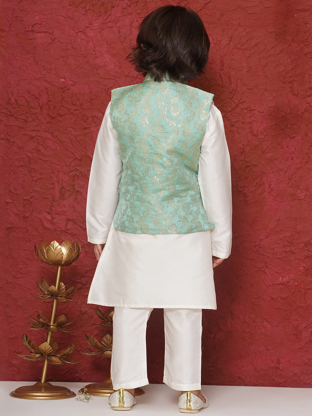 Aj Dezines Green Brocade Full Sleeves Jal Embroidery Kpw Set For Boys