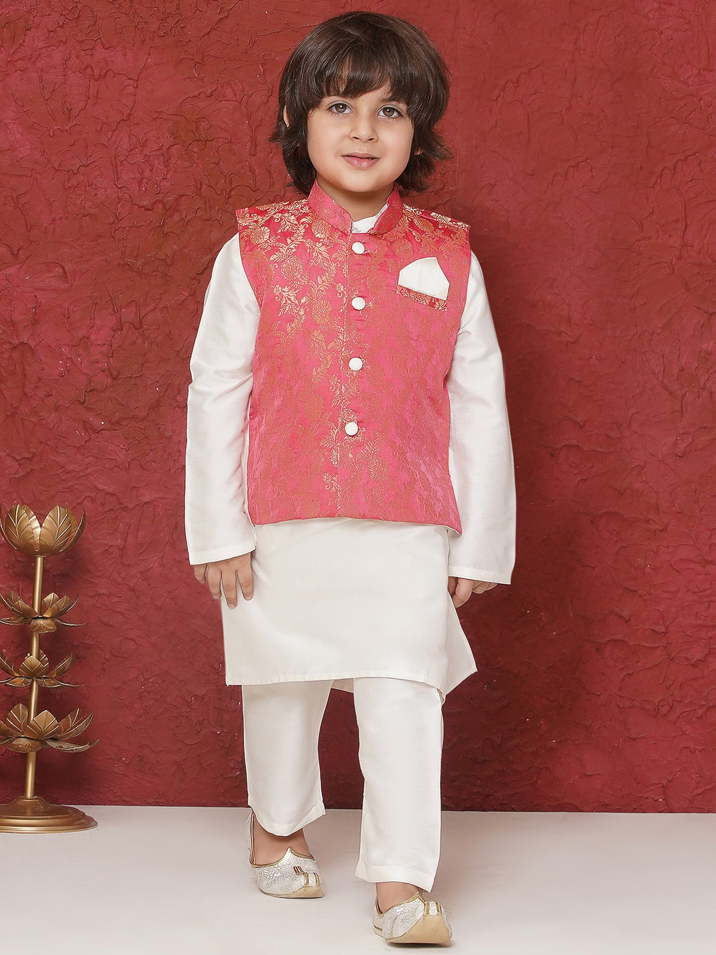 Aj Dezines Pink Brocade Full Sleeves Jal Embroidery Kpw Set For Boys