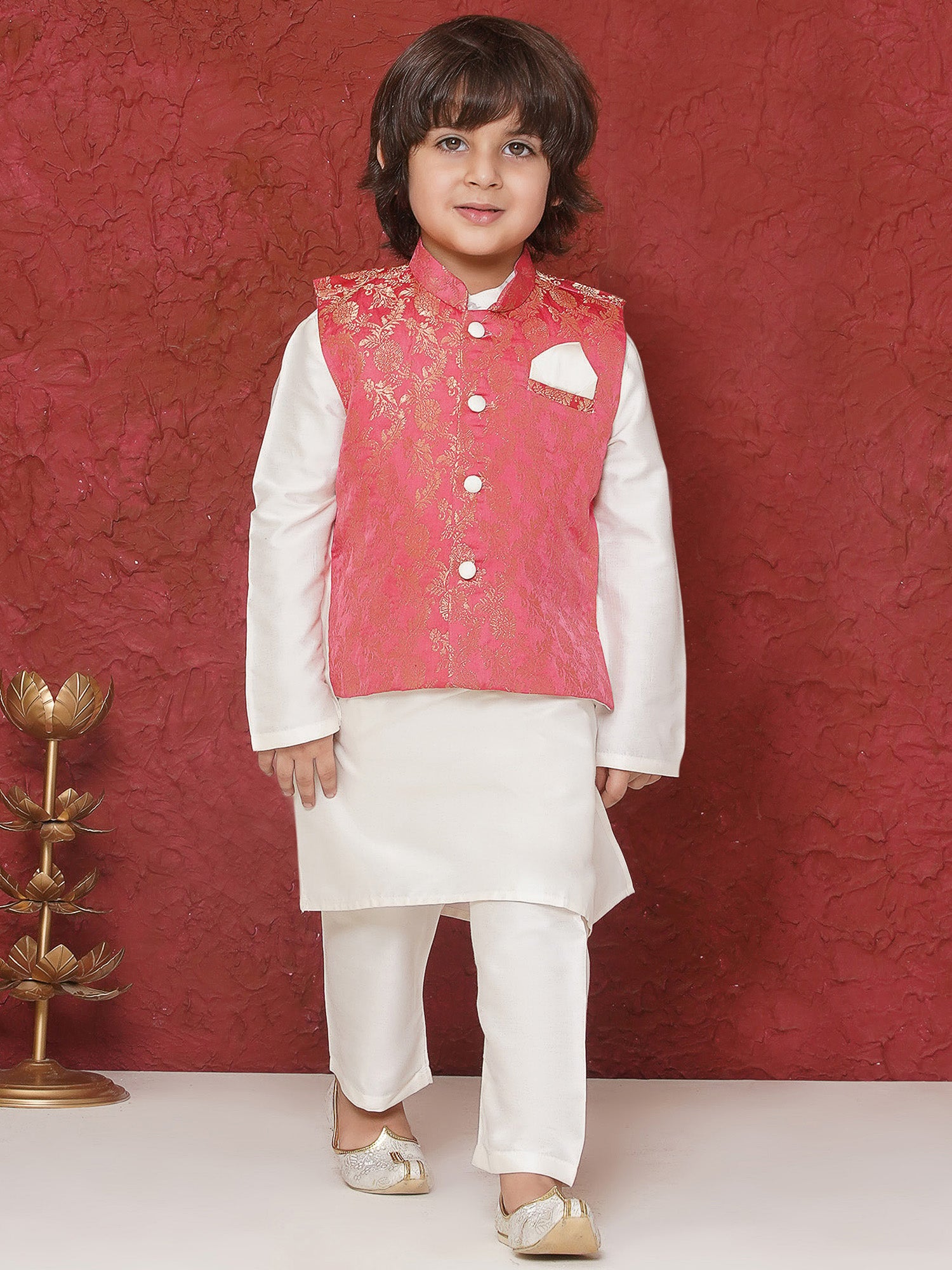 Pink Brocade Full Sleeves Jal Embroidery Kpw Set For Boys - AJ Dezines