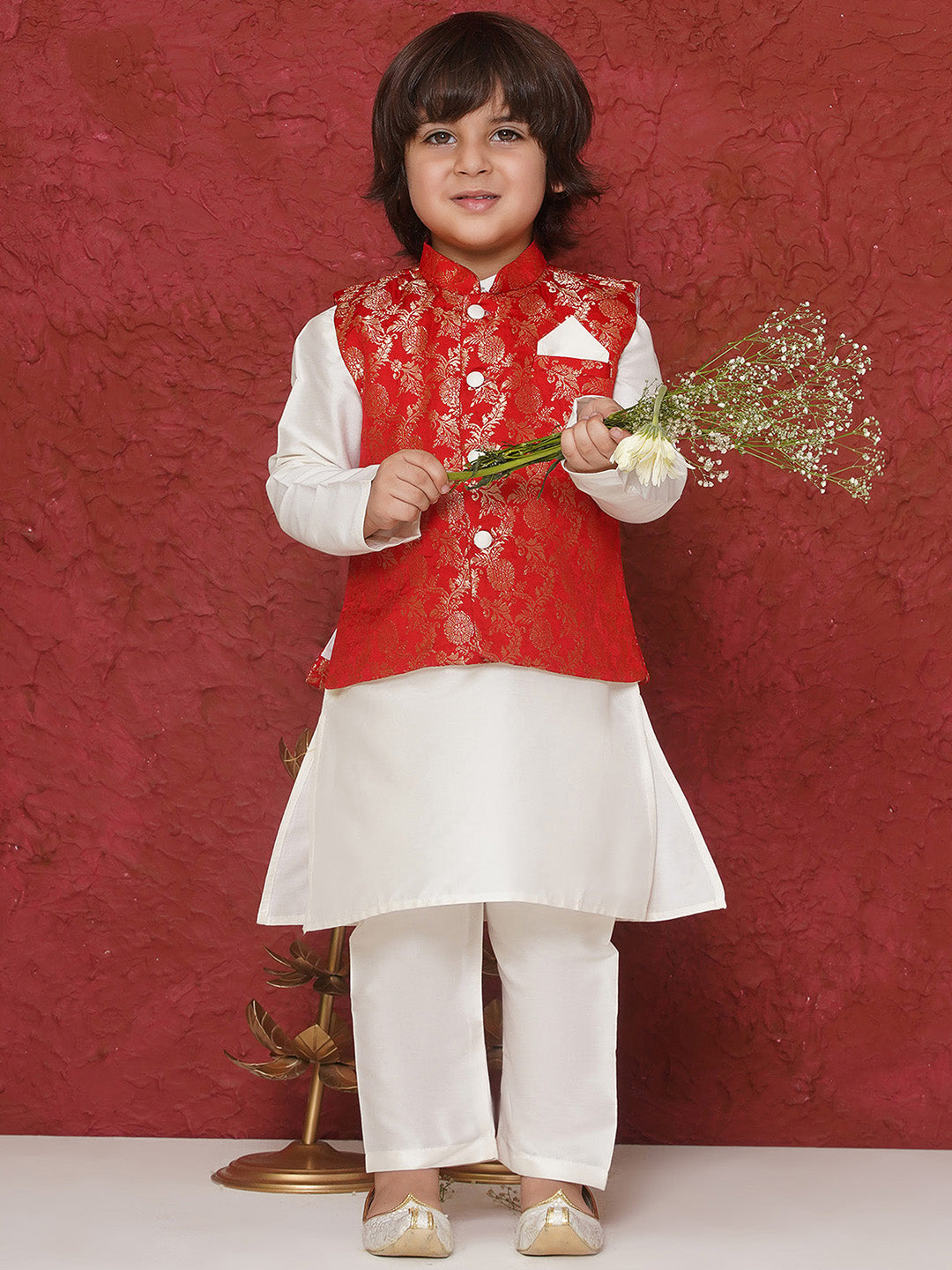 Red Brocade Full Sleeves Jal Embroidery Kpw Set For Boys - AJ Dezines