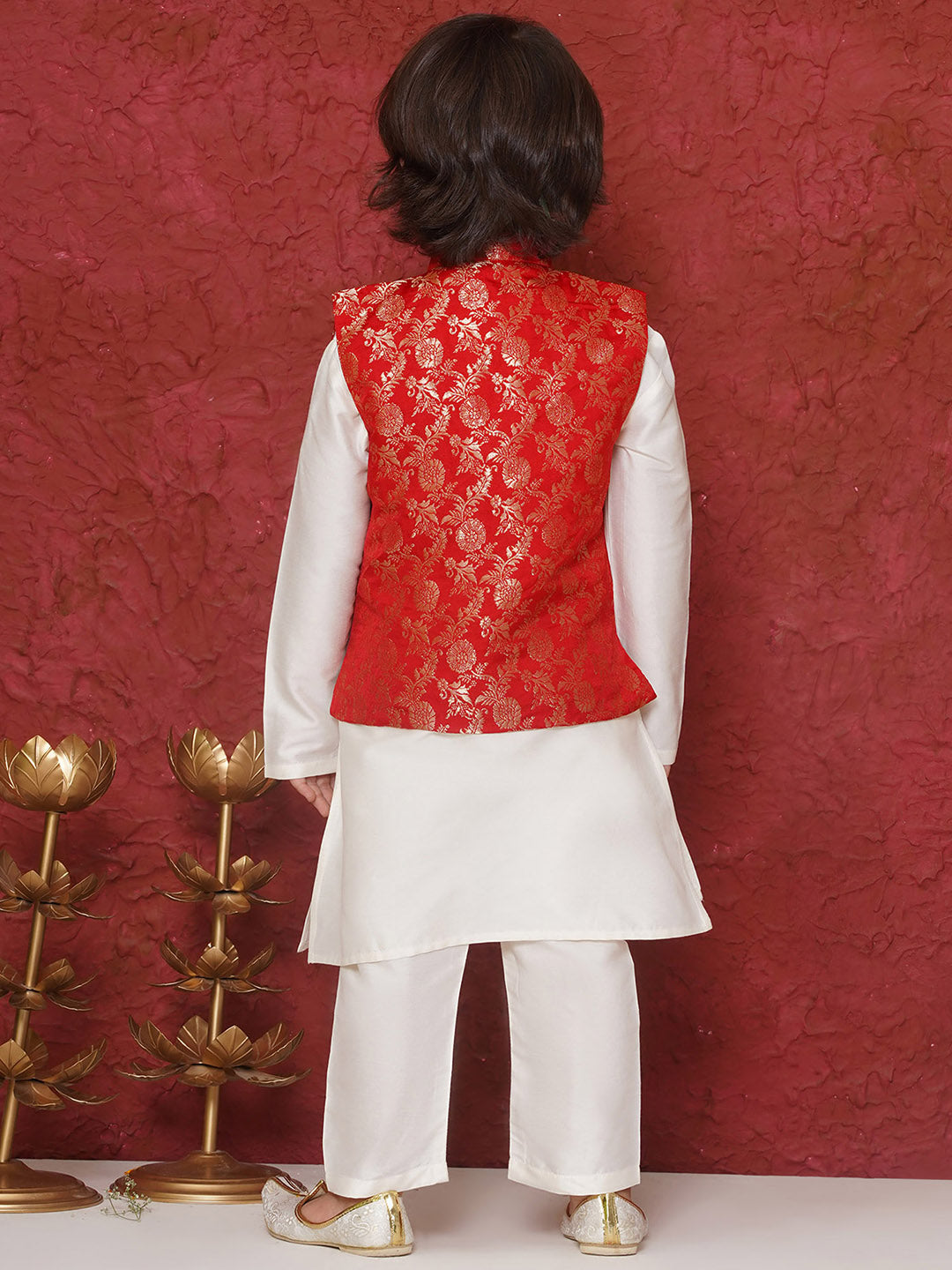 Aj Dezines Red Brocade Full Sleeves Jal Embroidery Kpw Set For Boys