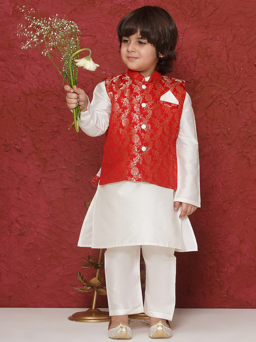 Red Brocade Full Sleeves Jal Embroidery Kpw Set For Boys - AJ Dezines