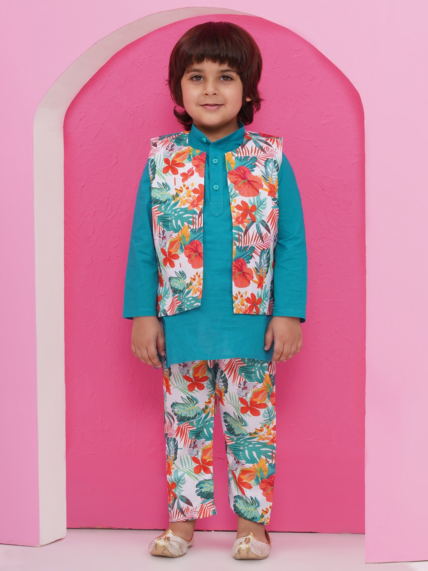 Blue Cotton Full Sleeves Floral Printed Kurta Pyjama With Waist Coat For Boys