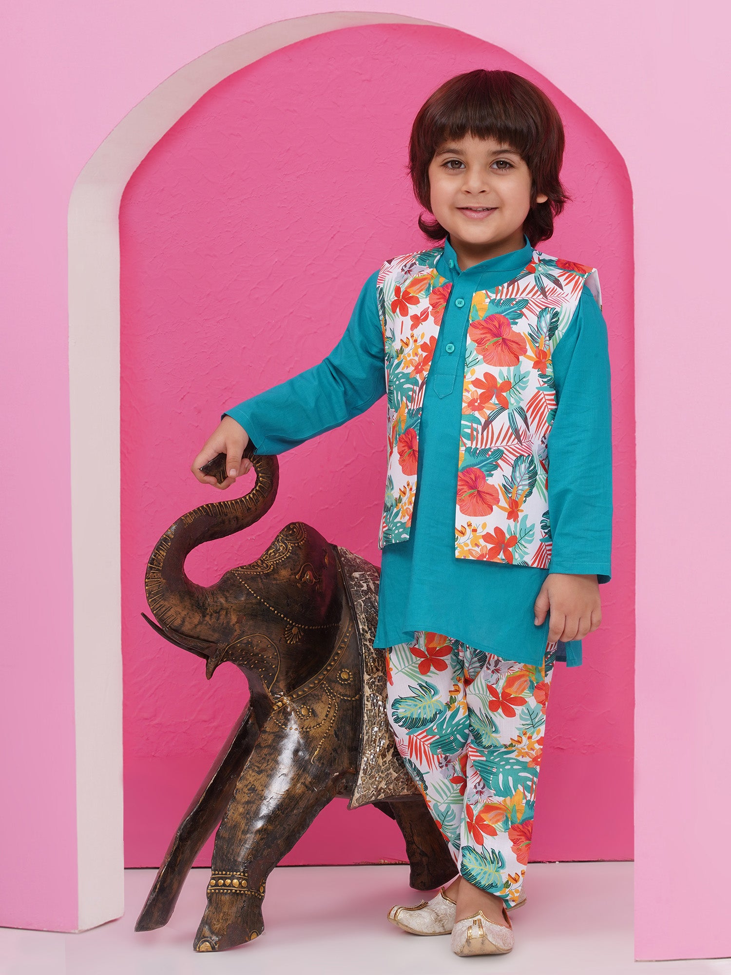 Blue Cotton Full Sleeves Floral Printed Kurta Pyjama With Waist Coat For Boys
