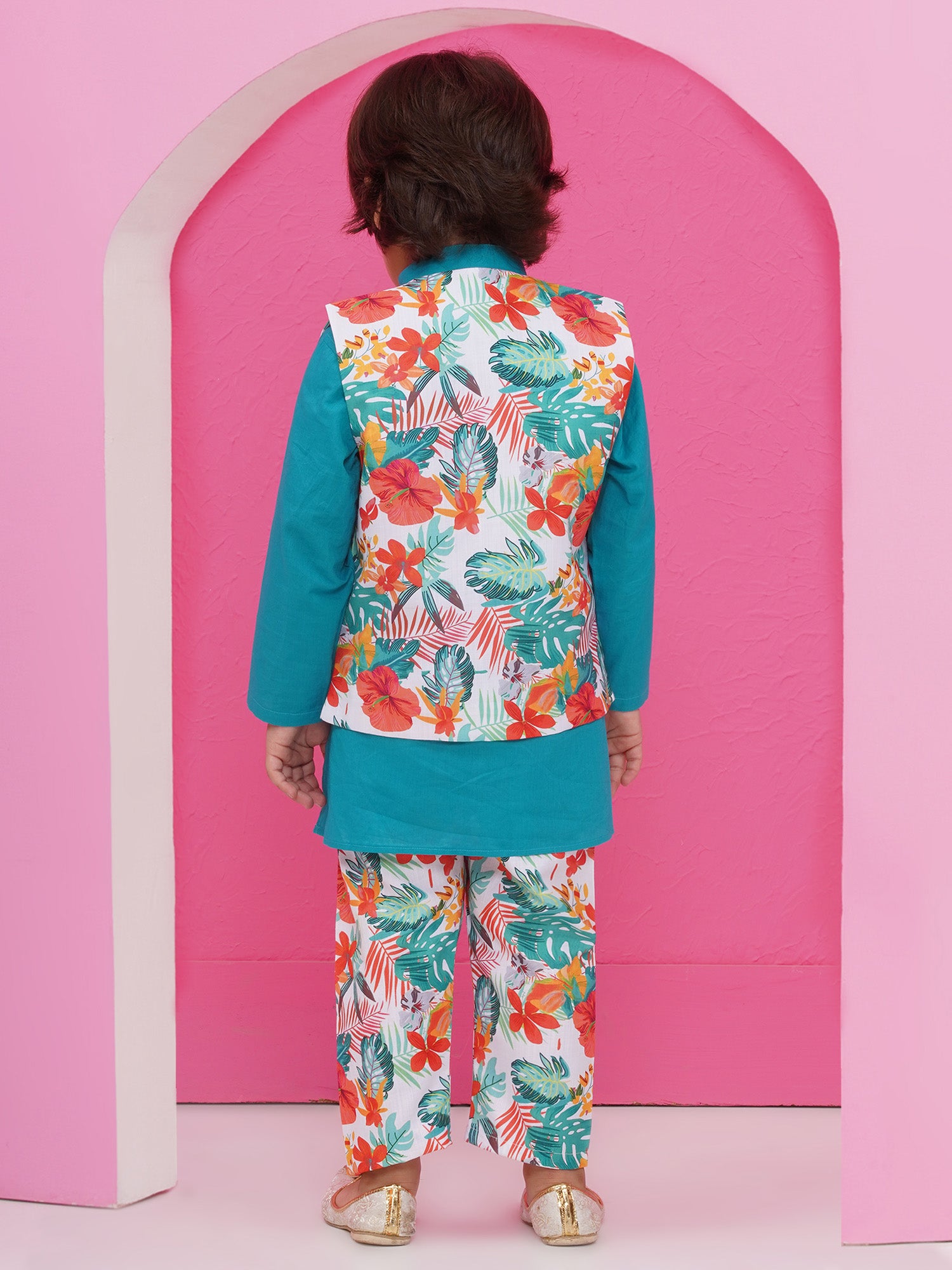 Blue Cotton Full Sleeves Floral Printed Kurta Pyjama With Waist Coat For Boys