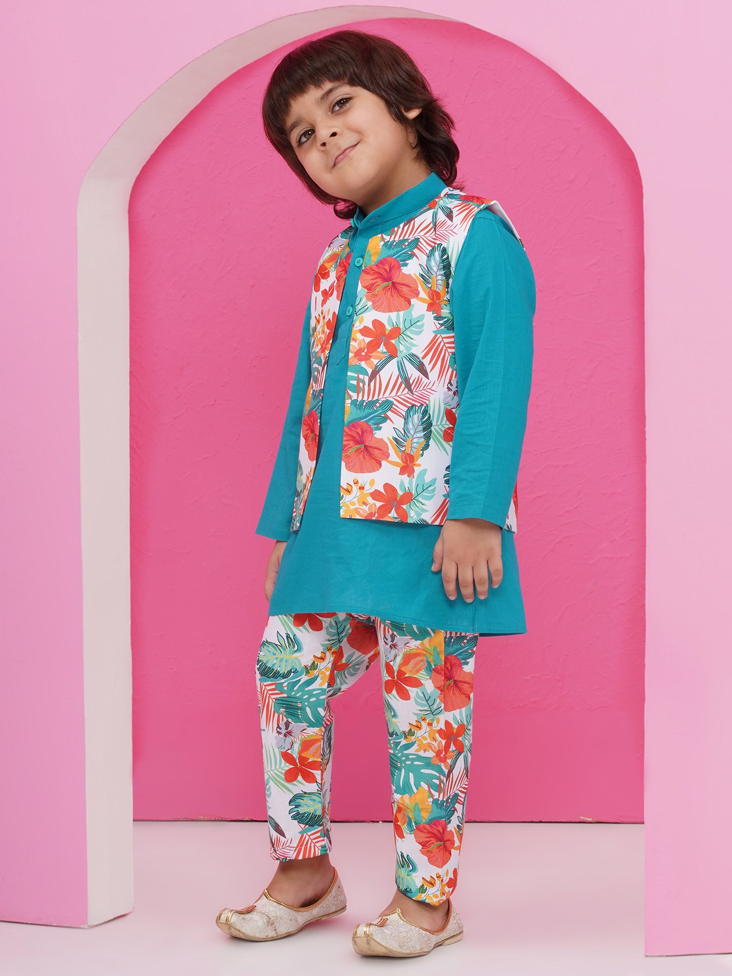 Blue Cotton Full Sleeves Floral Printed Kurta Pyjama With Waist Coat For Boys
