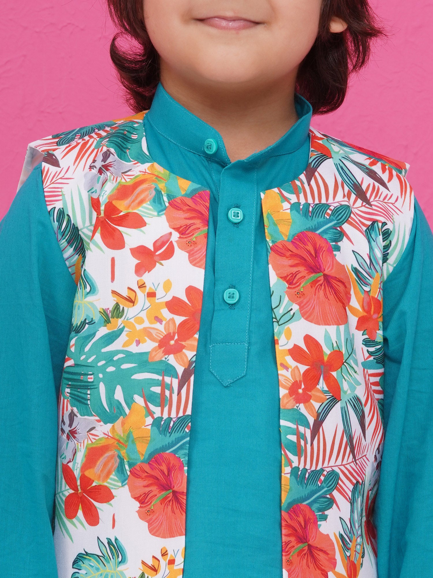 Blue Cotton Full Sleeves Floral Printed Kurta Pyjama With Waist Coat For Boys