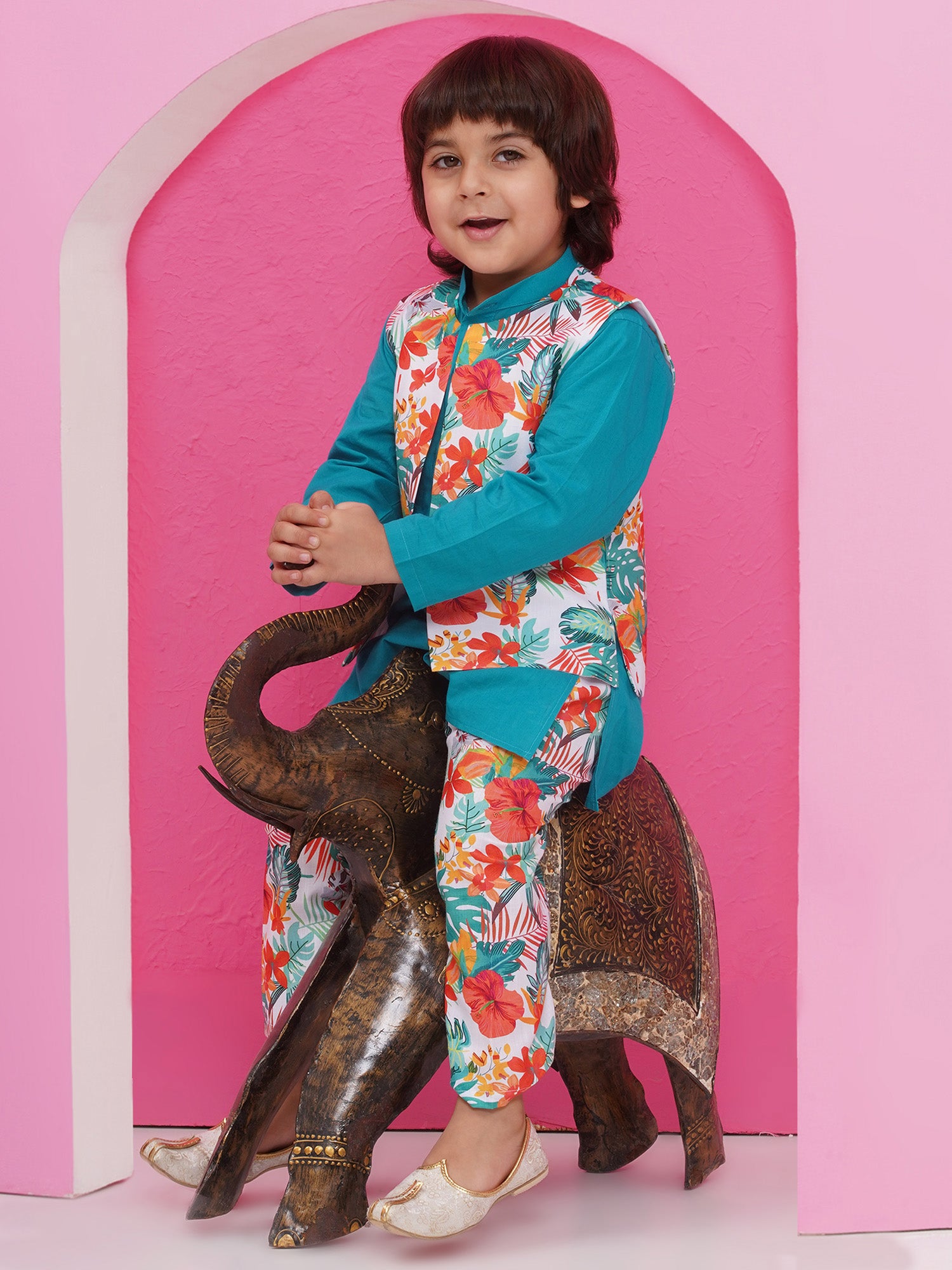 Blue Cotton Full Sleeves Floral Printed Kurta Pyjama With Waist Coat For Boys