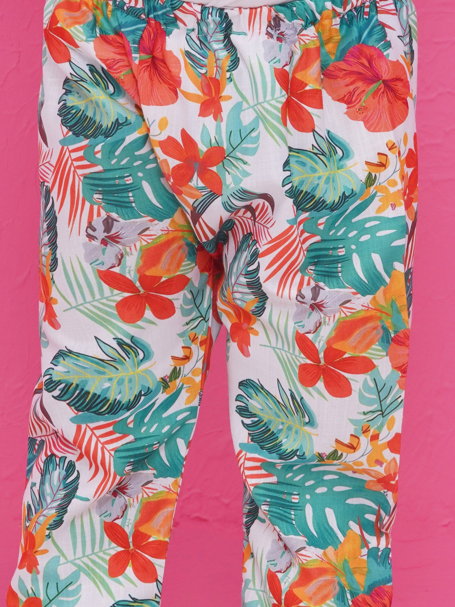 Blue Cotton Full Sleeves Floral Printed Kurta Pyjama With Waist Coat For Boys