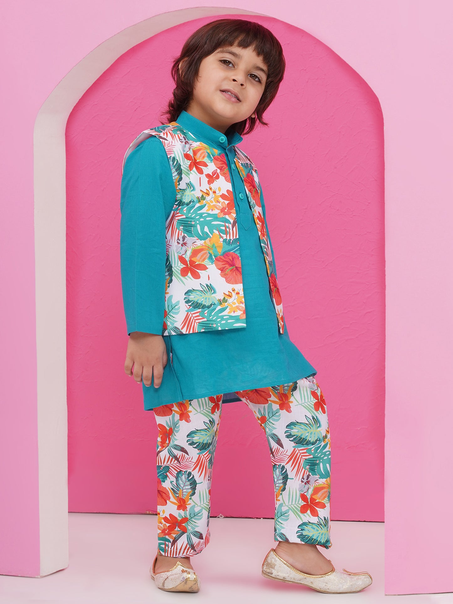 Aj Dezines Blue Cotton Full Sleeves Floral Printed Kurta Pyjama With Waist Coat For Boys