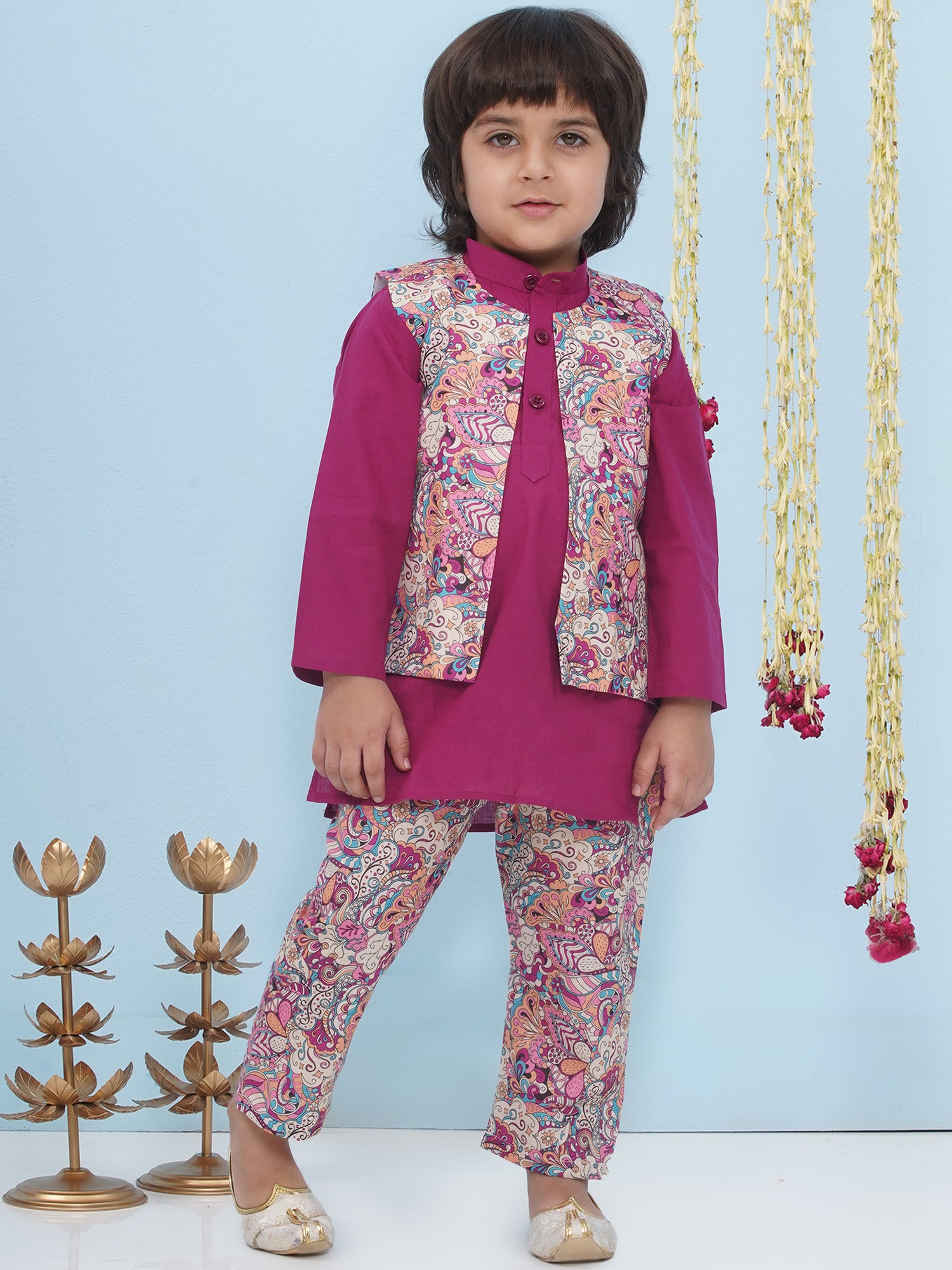 Purple Cotton Full Sleeves Floral Printed Kurta Pyjama With Waist Coat For Boys