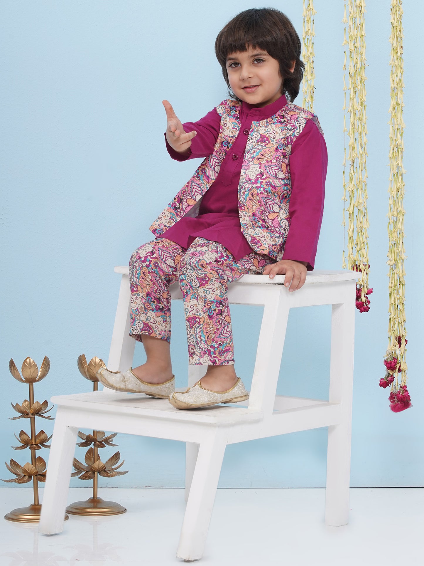 Aj Dezines Purple Cotton Full Sleeves Floral Printed Kurta Pyjama With Waist Coat For Boys