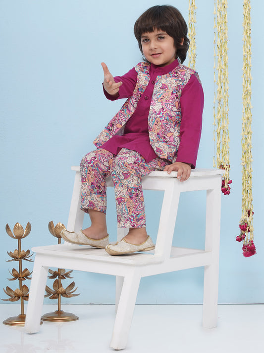 Aj Dezines Purple Cotton Full Sleeves Floral Printed Kurta Pyjama With Waist Coat For Boys