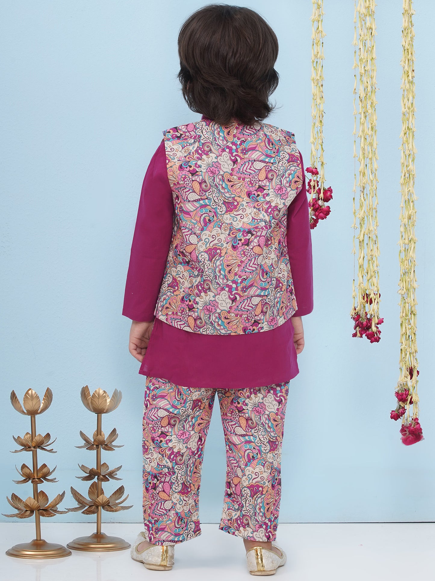 Aj Dezines Purple Cotton Full Sleeves Floral Printed Kurta Pyjama With Waist Coat For Boys