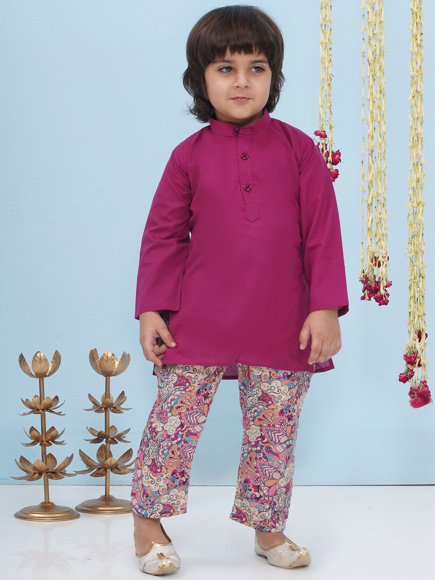 Purple Cotton Full Sleeves Floral Printed Kurta Pyjama With Waist Coat For Boys - AJ Dezines