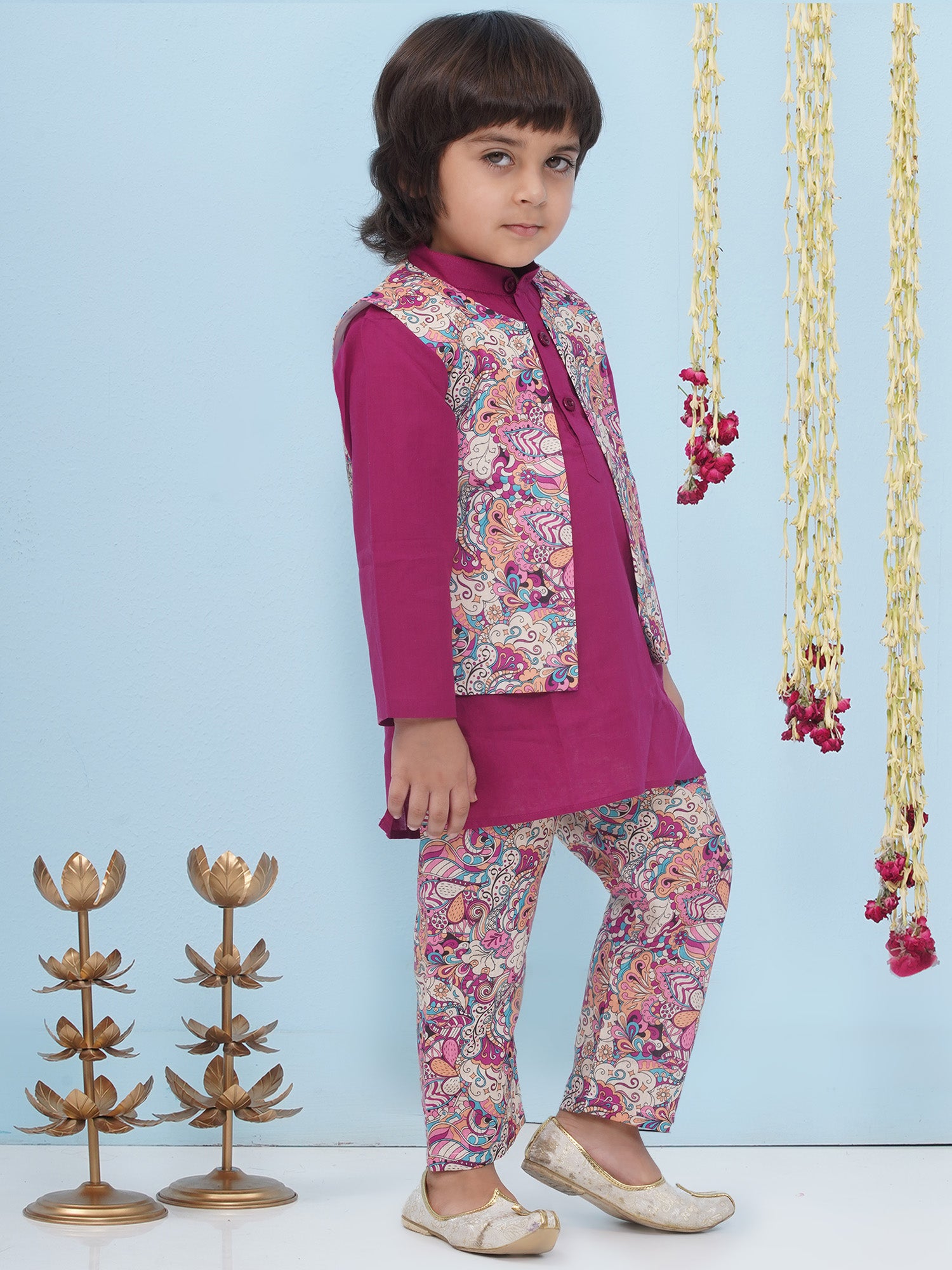 Purple Cotton Full Sleeves Floral Printed Kurta Pyjama With Waist Coat For Boys - AJ Dezines