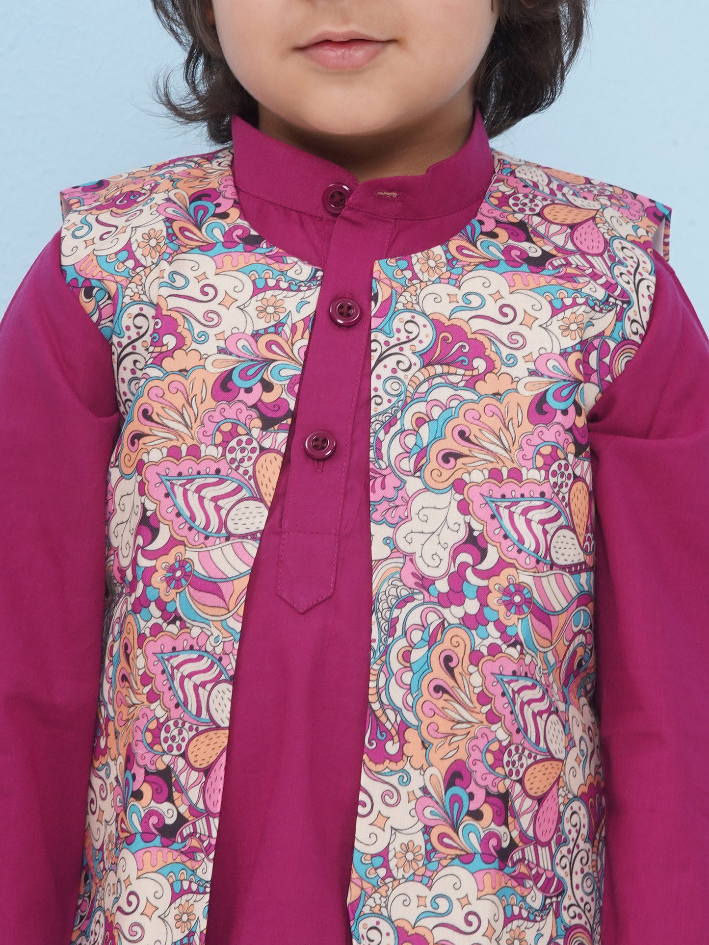 Aj Dezines Purple Cotton Full Sleeves Floral Printed Kurta Pyjama With Waist Coat For Boys