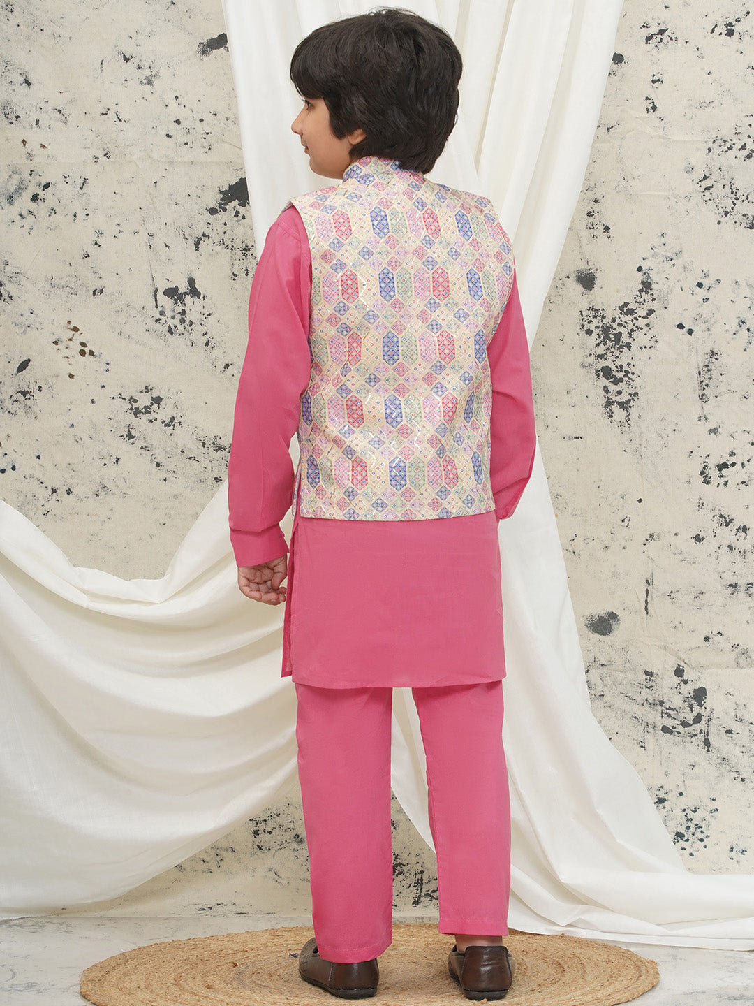 Pink Cotton Full sleeves Abstract Kurta Pyjama Waistcoat for Boys