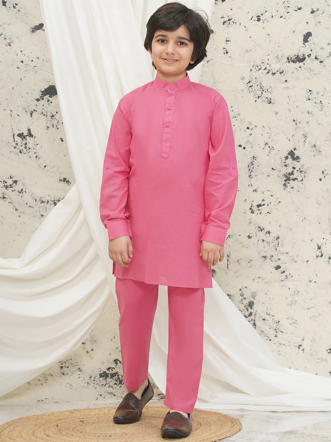 Pink Cotton Full sleeves Abstract Kurta Pyjama Waistcoat for Boys