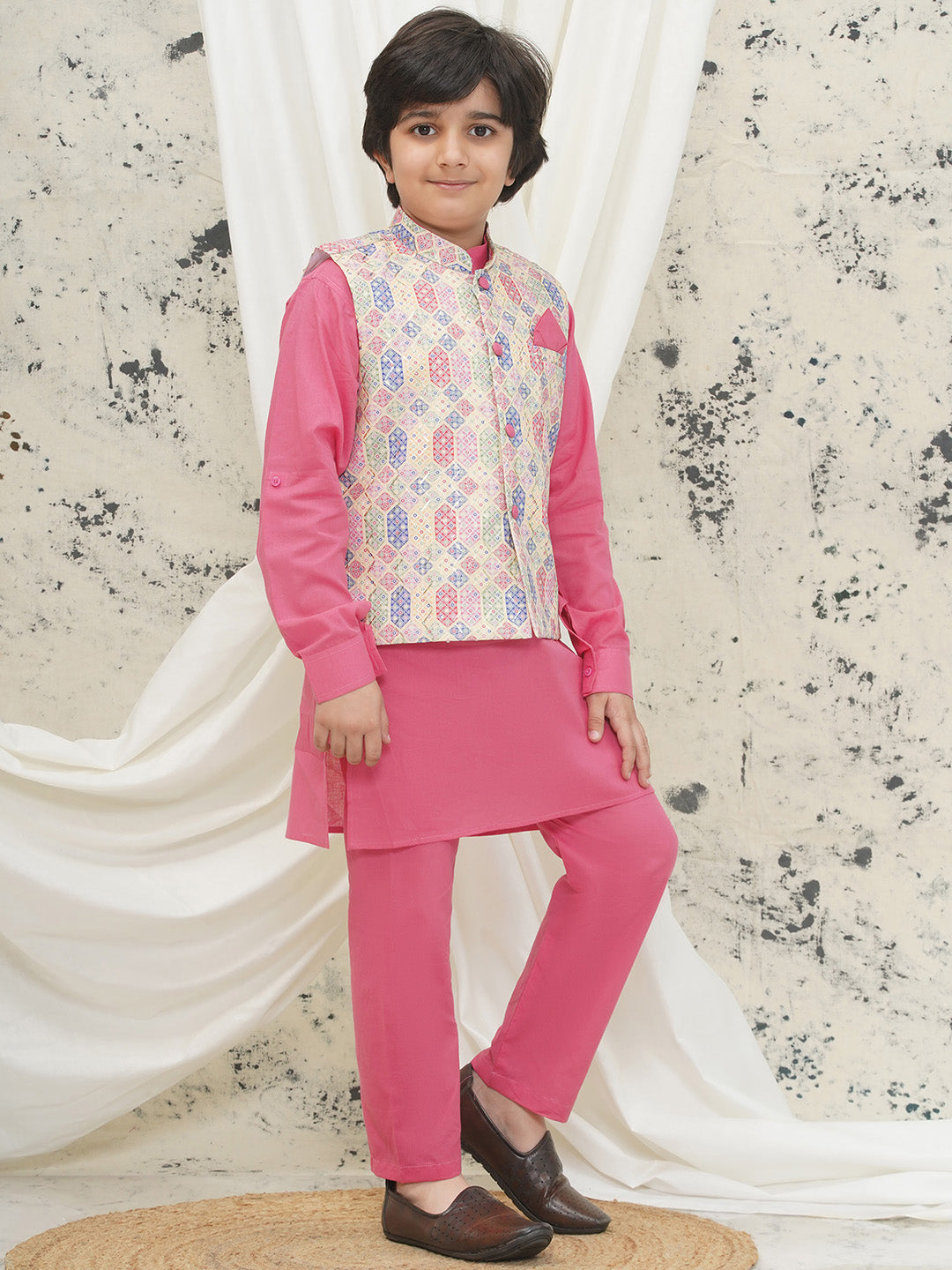 Pink Cotton Full sleeves Abstract Kurta Pyjama Waistcoat for Boys