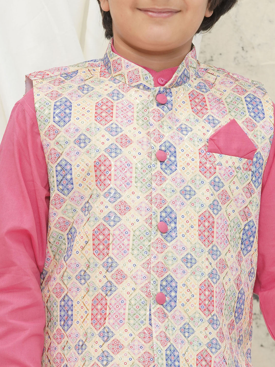 Pink Cotton Full sleeves Abstract Kurta Pyjama Waistcoat for Boys