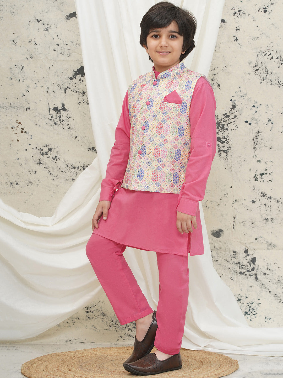 Pink Cotton Full sleeves Abstract Kurta Pyjama Waistcoat for Boys