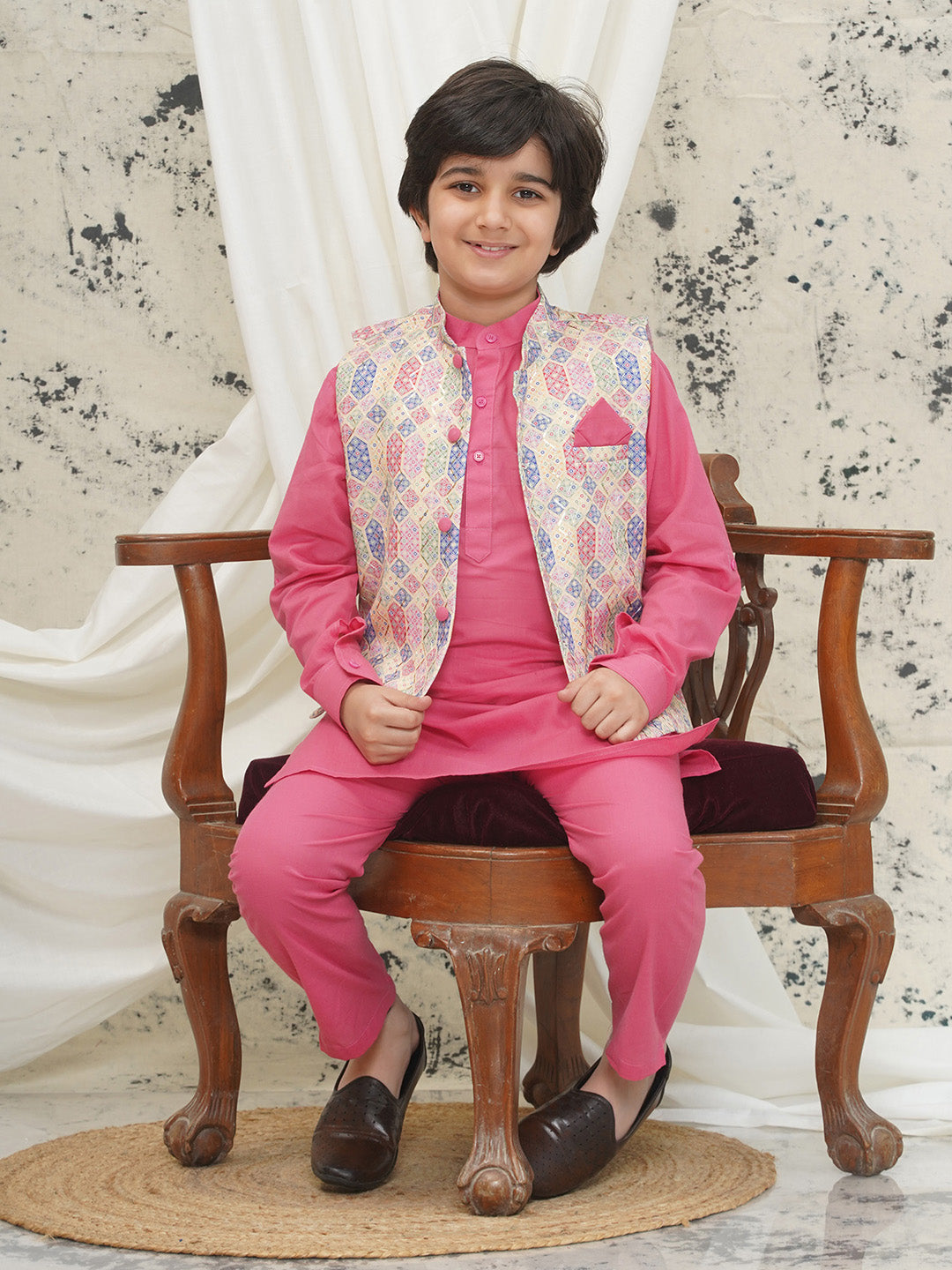 Pink Cotton Full sleeves Abstract Kurta Pyjama Waistcoat for Boys
