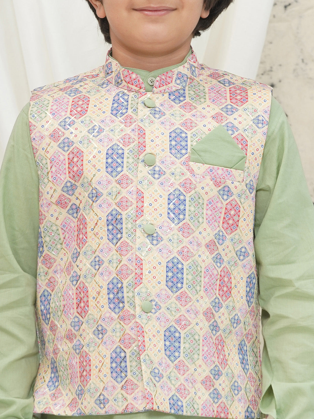 Pista Cotton Full sleeves Abstract Kurta Pyjama Waistcoat for Boys