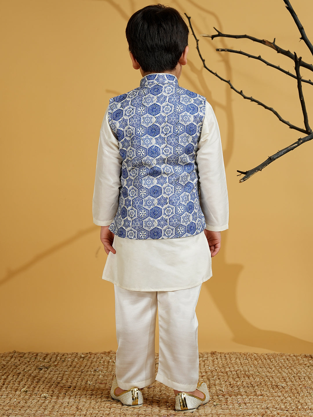 Blue Silk Blend Full Sleeves Printed Kurta Pyjama WaistCoat Set - AJ Dezines