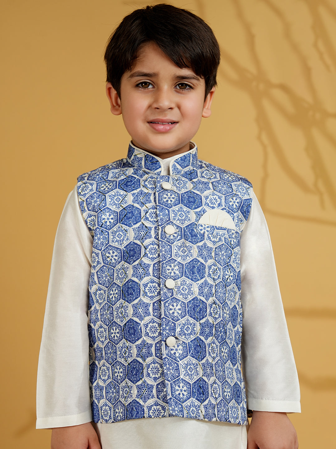 Blue Silk Blend Full Sleeves Printed Kurta Pyjama WaistCoat Set - AJ Dezines