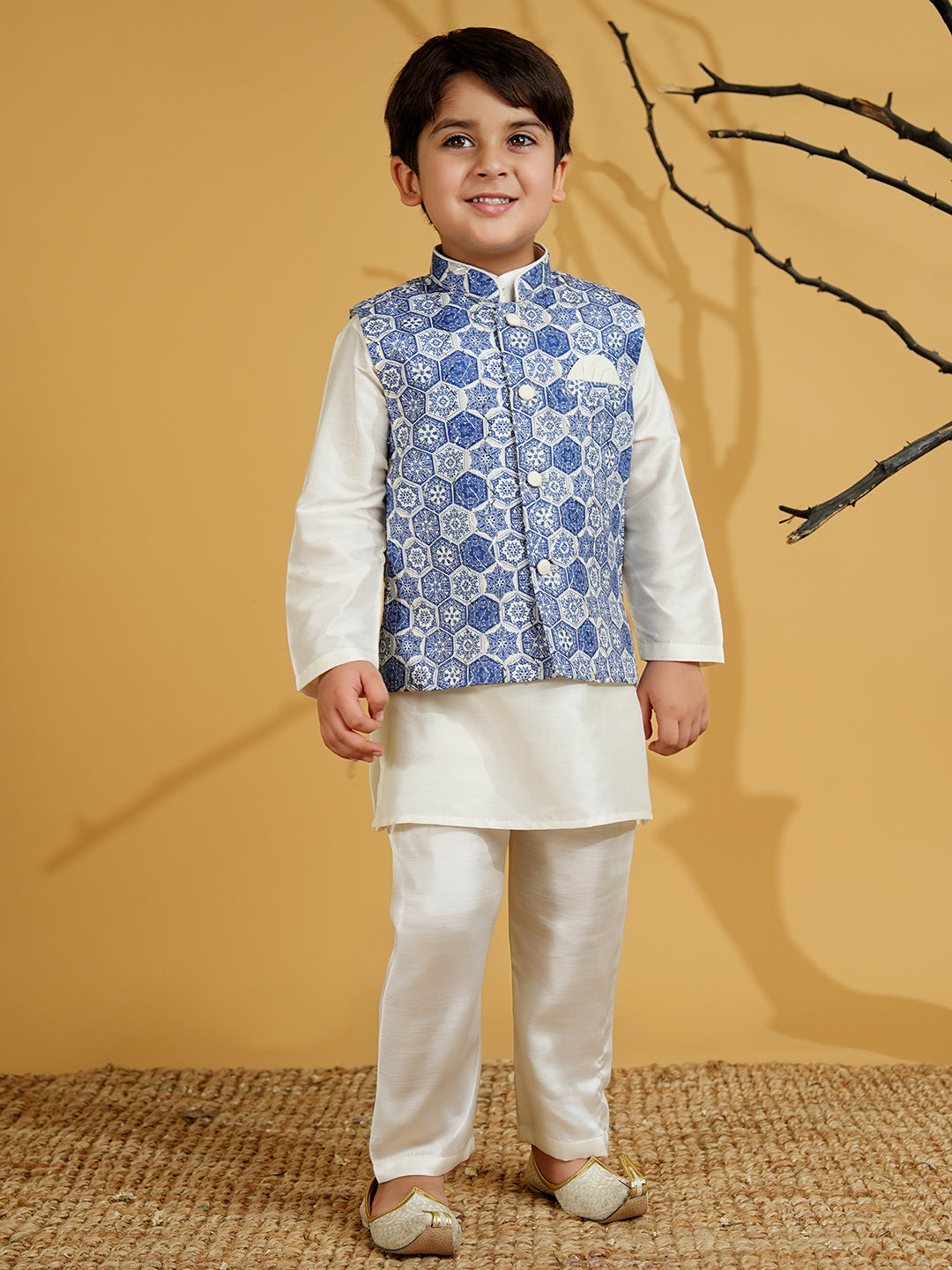 Blue Silk Blend Full Sleeves Printed Kurta Pyjama WaistCoat Set - AJ Dezines