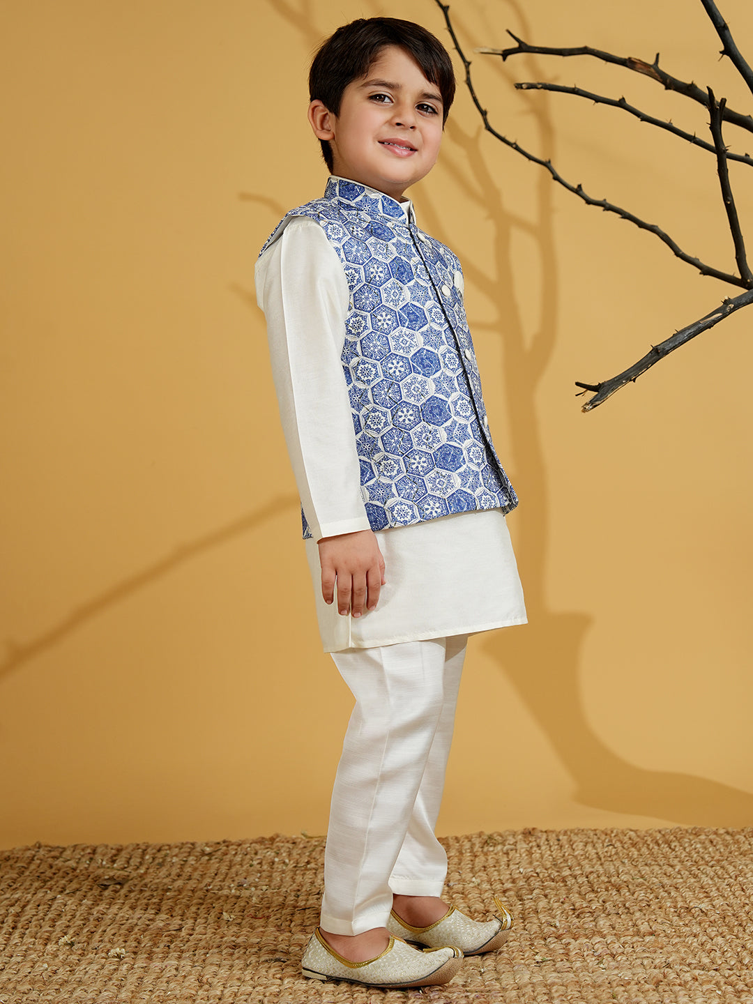 Blue Silk Blend Full Sleeves Printed Kurta Pyjama WaistCoat Set - AJ Dezines