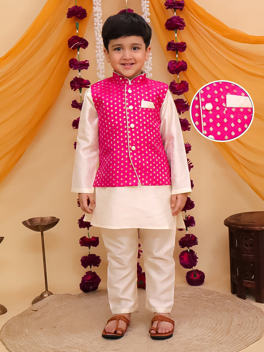 Dark Pink Brocade Full sleeves Small Motif Kurta Pyjama Waistcoat for Boys