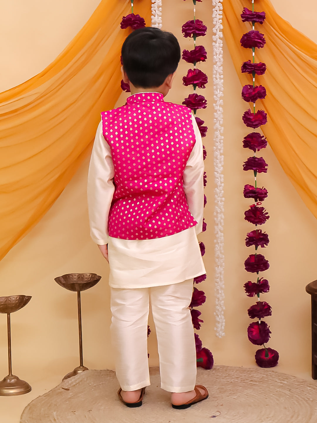 Dark Pink Brocade Full sleeves Small Motif Kurta Pyjama Waistcoat for Boys