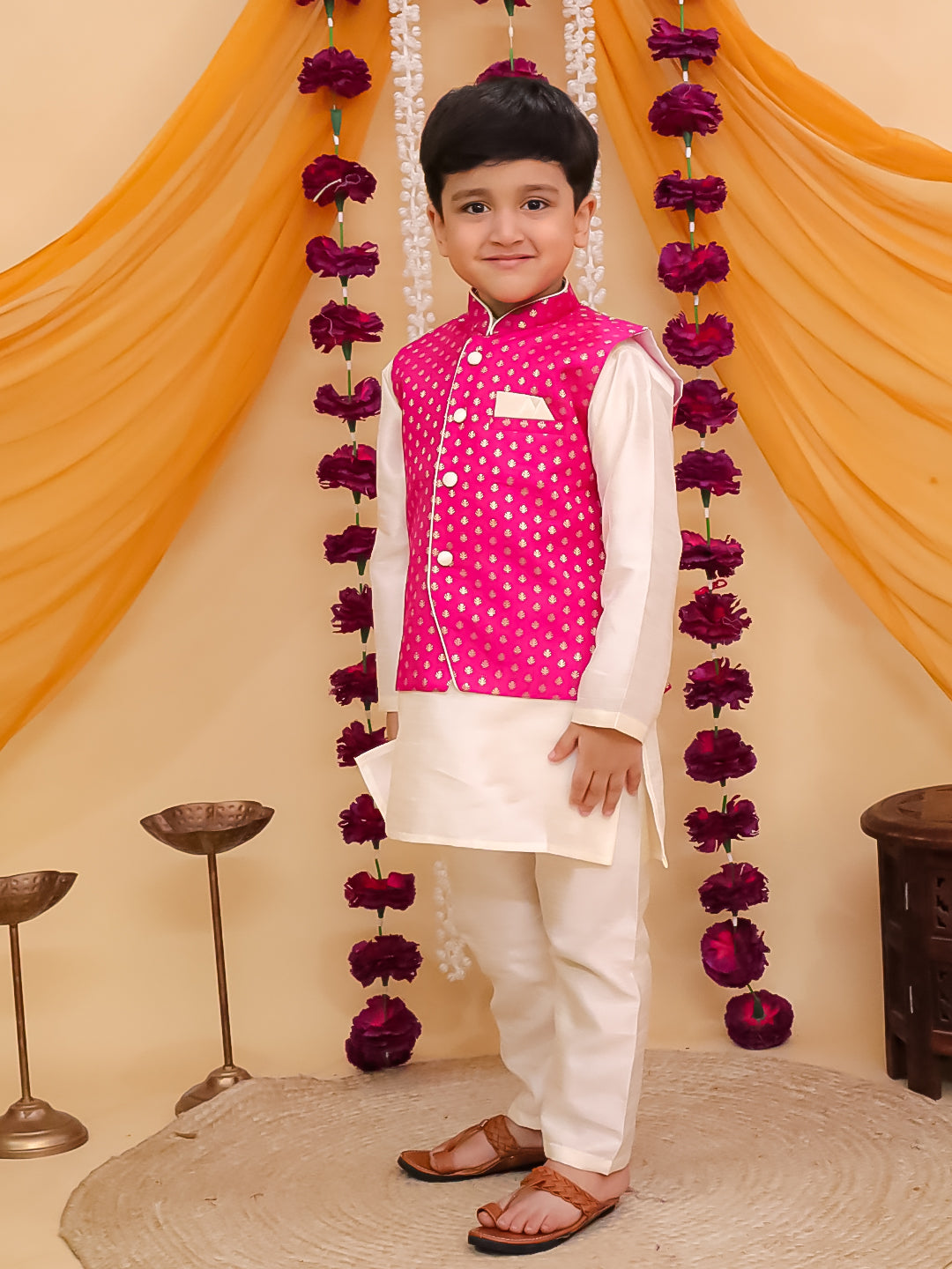 Dark Pink Brocade Full sleeves Small Motif Kurta Pyjama Waistcoat for Boys