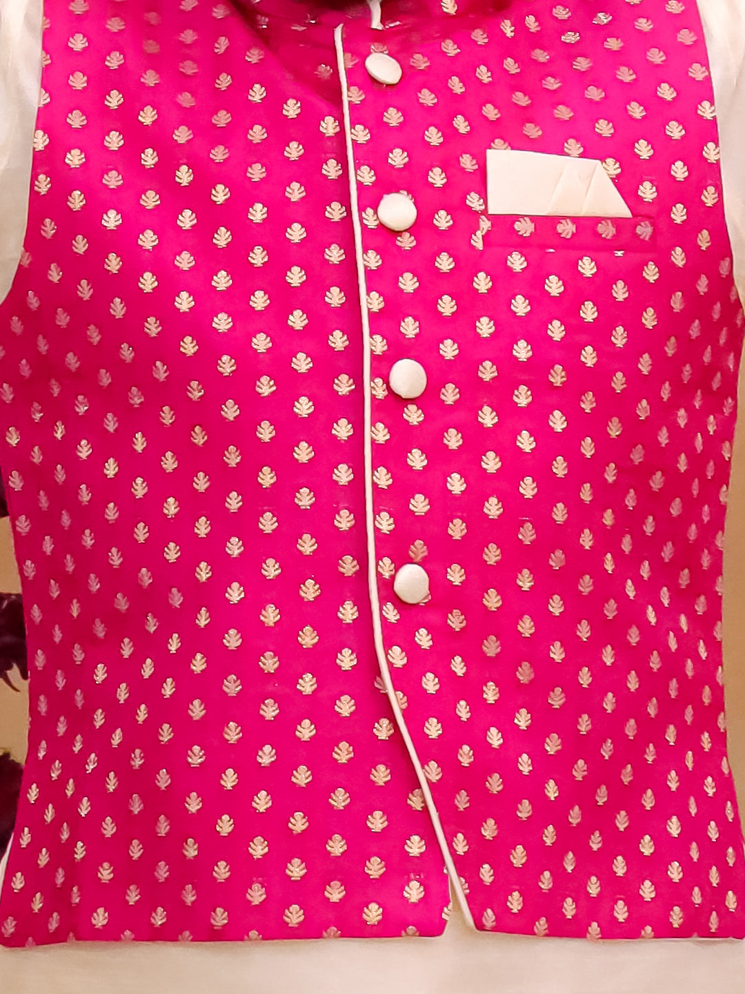 Dark Pink Brocade Full sleeves Small Motif Kurta Pyjama Waistcoat for Boys