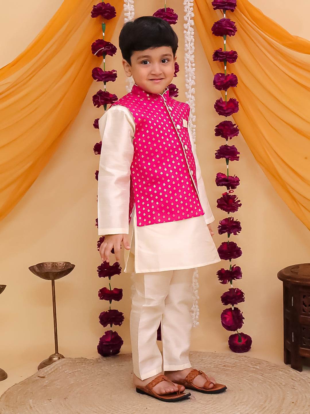 Dark Pink Brocade Full sleeves Small Motif Kurta Pyjama Waistcoat for Boys