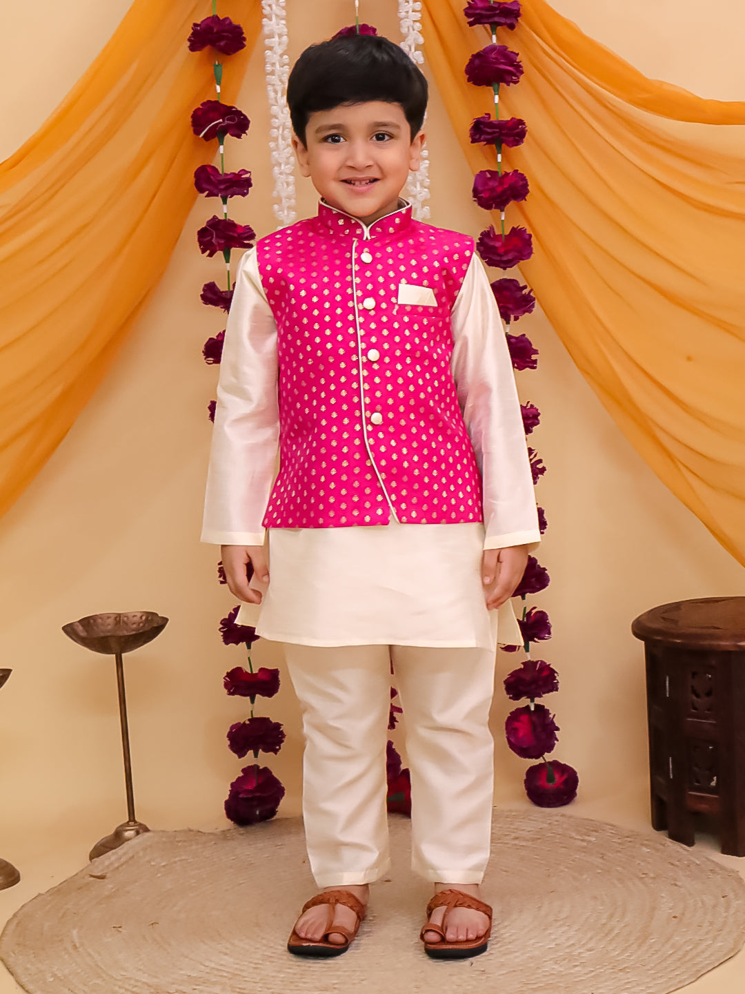 Dark Pink Brocade Full sleeves Small Motif Kurta Pyjama Waistcoat for Boys