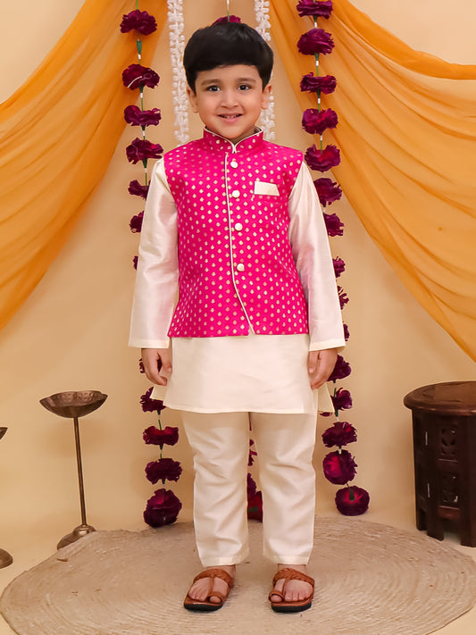 Dark Pink Brocade Full sleeves Small Motif Kurta Pyjama Waistcoat for Boys