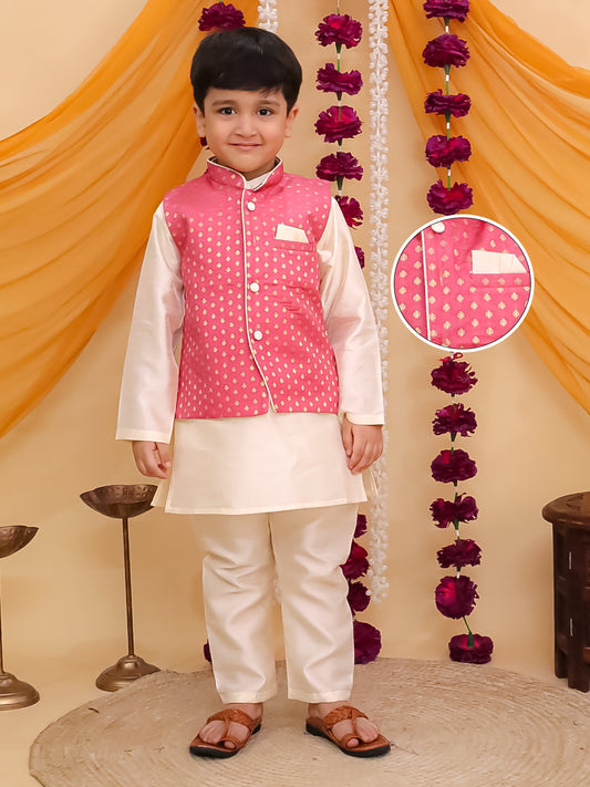 Pink Brocade Full sleeves Small Motif Kurta Pyjama Waistcoat for Boys