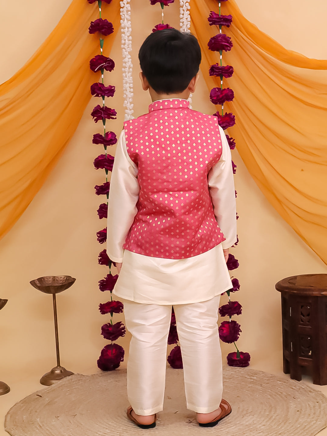 Pink Brocade Full sleeves Small Motif Kurta Pyjama Waistcoat for Boys