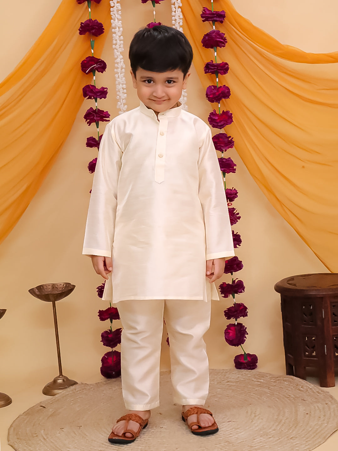 Dark Pink Brocade Full sleeves Small Motif Kurta Pyjama Waistcoat for Boys