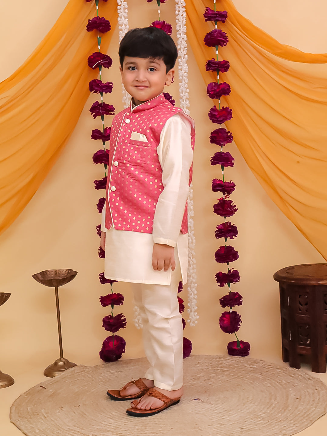 Pink Brocade Full sleeves Small Motif Kurta Pyjama Waistcoat for Boys