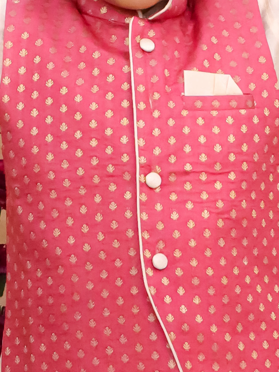 Pink Brocade Full sleeves Small Motif Kurta Pyjama Waistcoat for Boys