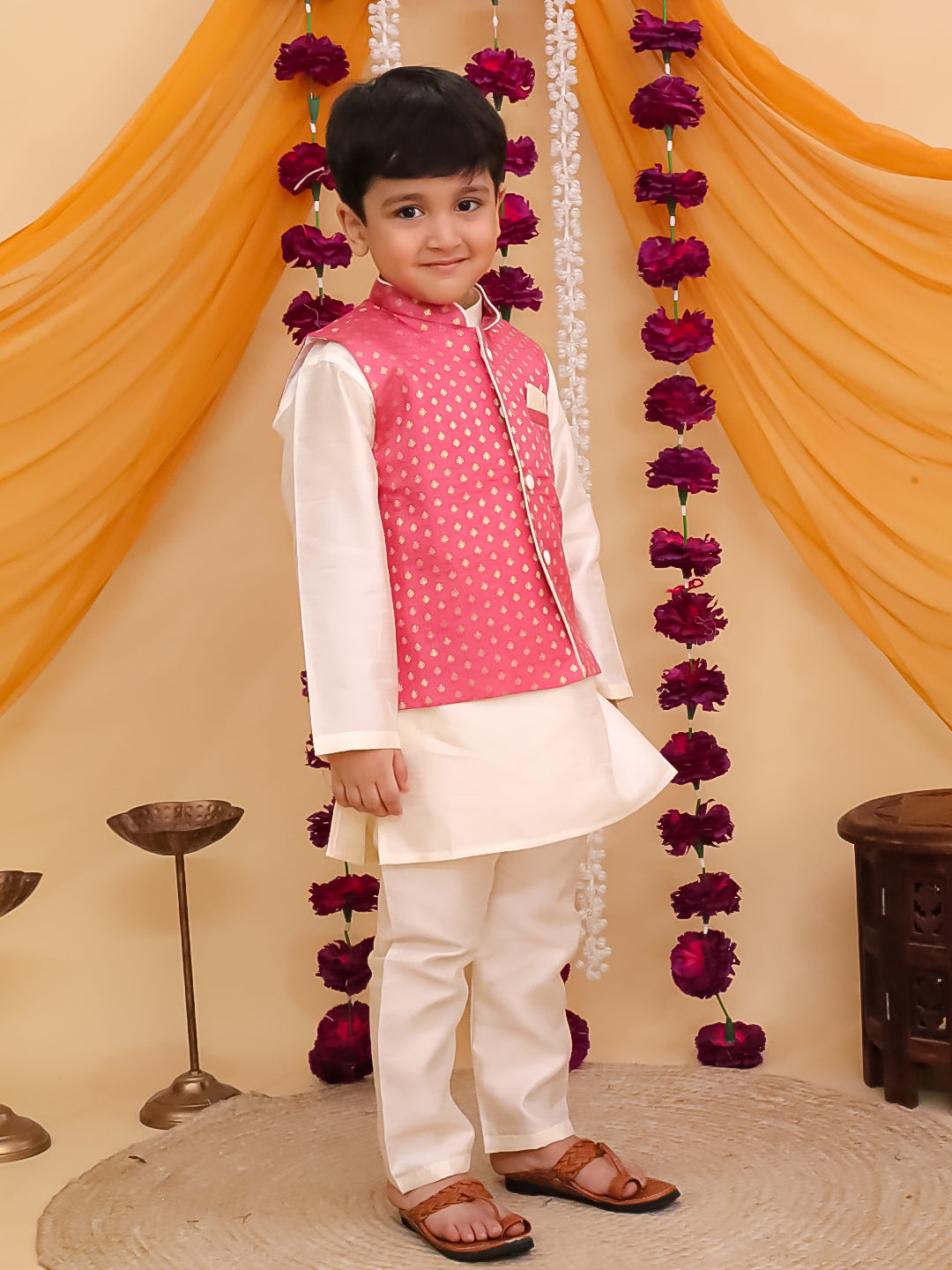Pink Brocade Full sleeves Small Motif Kurta Pyjama Waistcoat for Boys